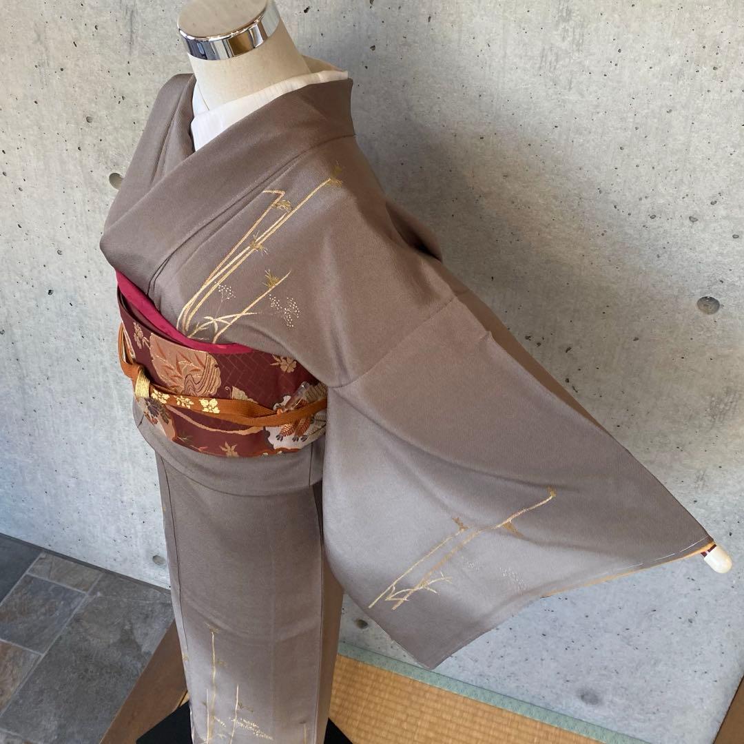 正絹　訪問着　ちりめん　茶色系　袷