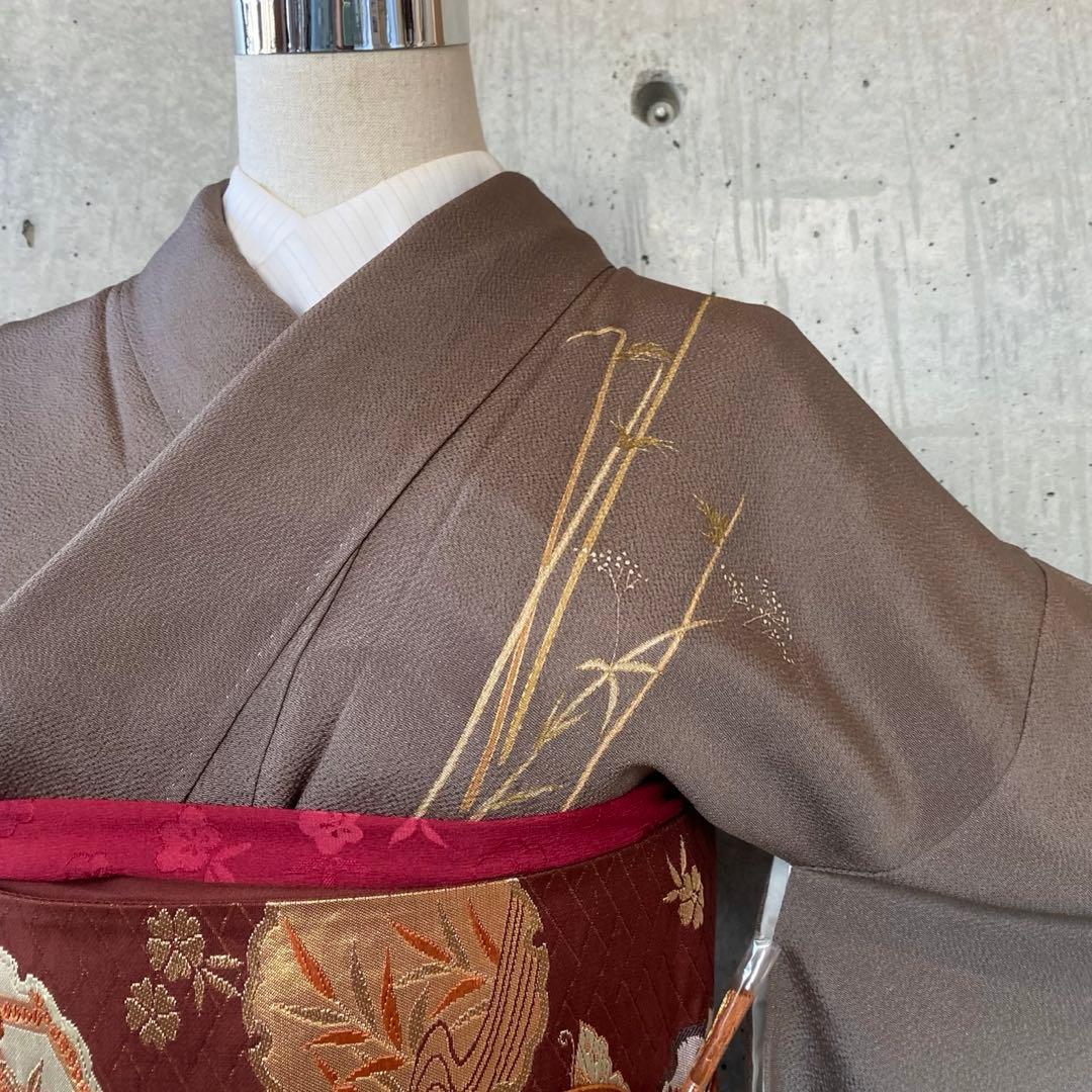正絹　訪問着　ちりめん　茶色系　袷