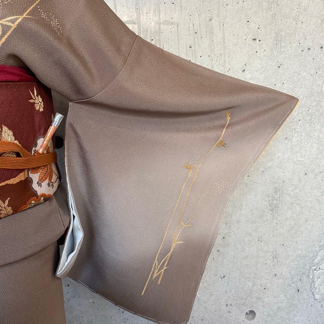 正絹　訪問着　ちりめん　茶色系　袷