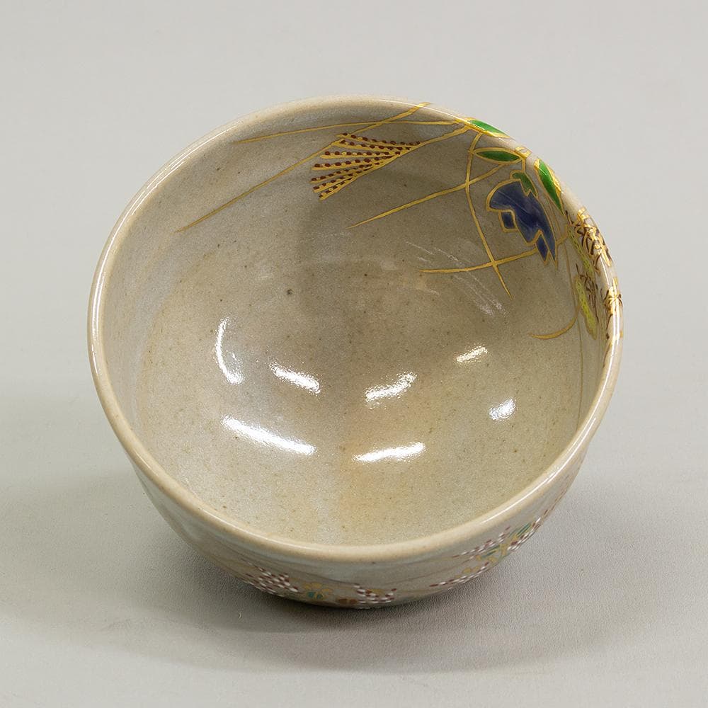 膳所焼 窯元 陽炎園 造 淡海ぜぜ 色絵秋草茶碗 共箱 茶道具 抹茶碗