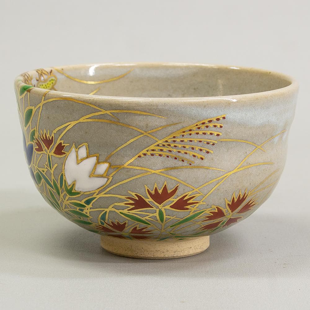 膳所焼 窯元 陽炎園 造 淡海ぜぜ 色絵秋草茶碗 共箱 茶道具 抹茶碗