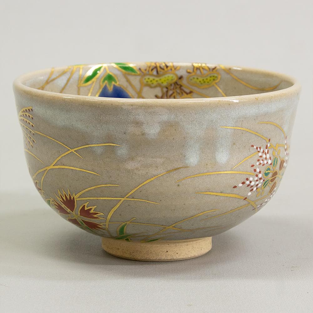 膳所焼 窯元 陽炎園 造 淡海ぜぜ 色絵秋草茶碗 共箱 茶道具 抹茶碗