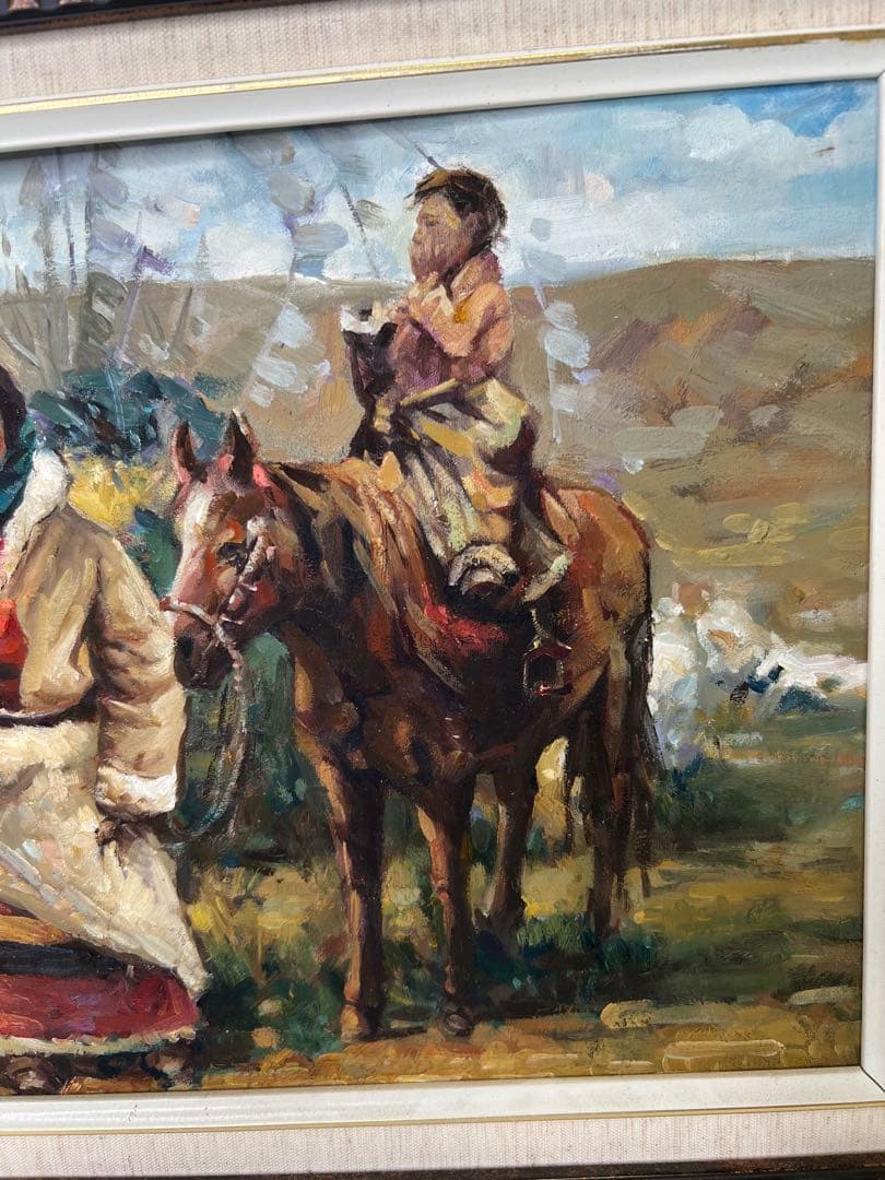 Liu Yong 油彩画 チベット　伝統的な衣装の人物と馬