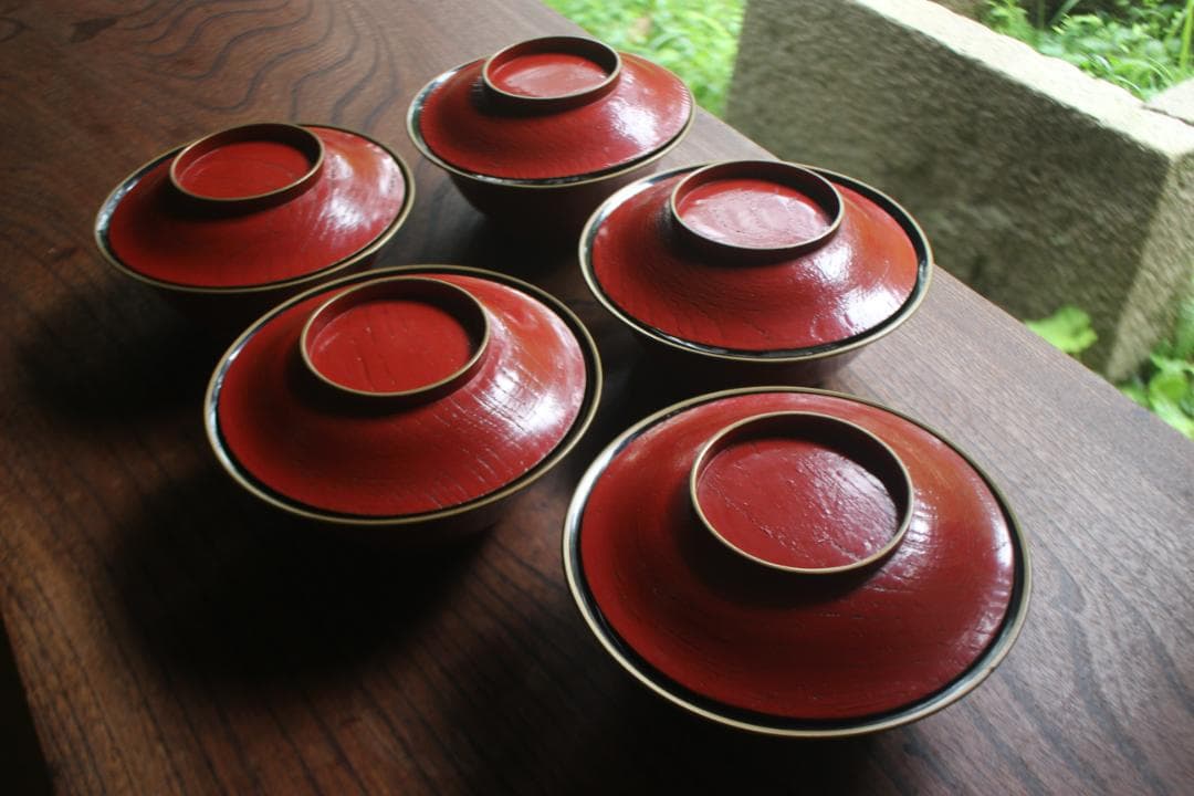 時代朱漆に内見返絵替わり草花蒔絵のお椀5点（検輪島塗蒔絵椀雑煮椀