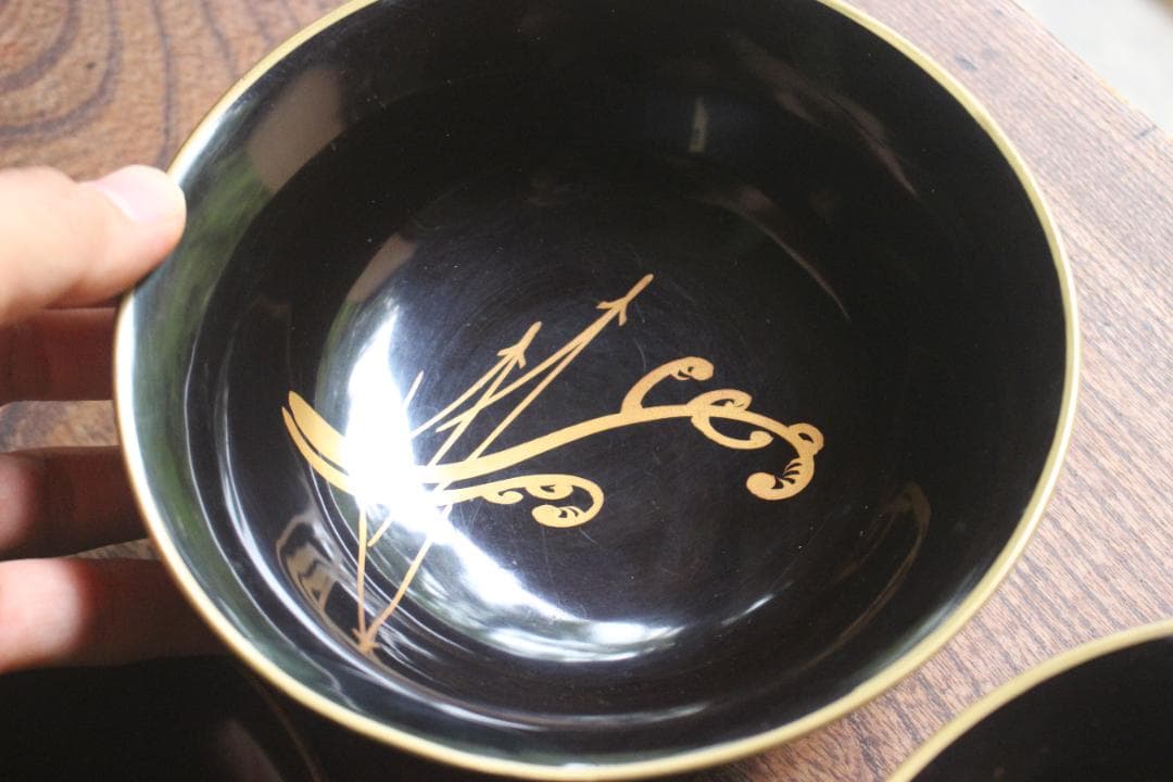 時代朱漆に内見返絵替わり草花蒔絵のお椀5点（検輪島塗蒔絵椀雑煮椀