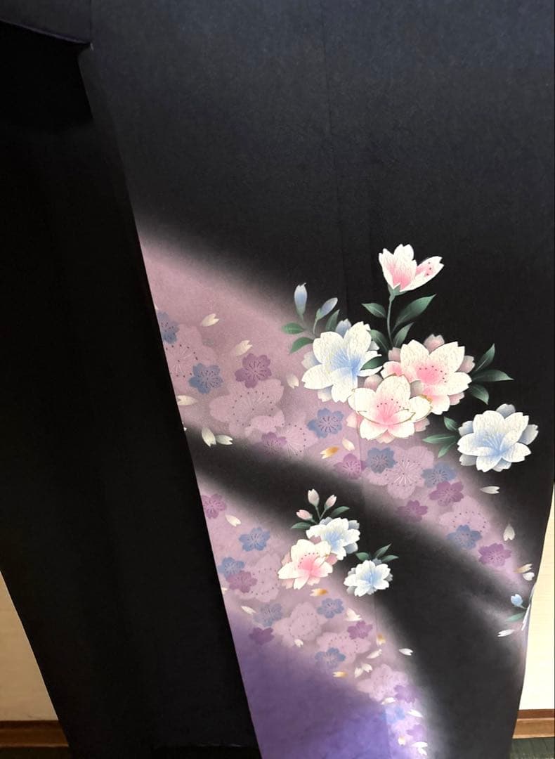 黒紫色 八重桜柄 振袖 身丈157