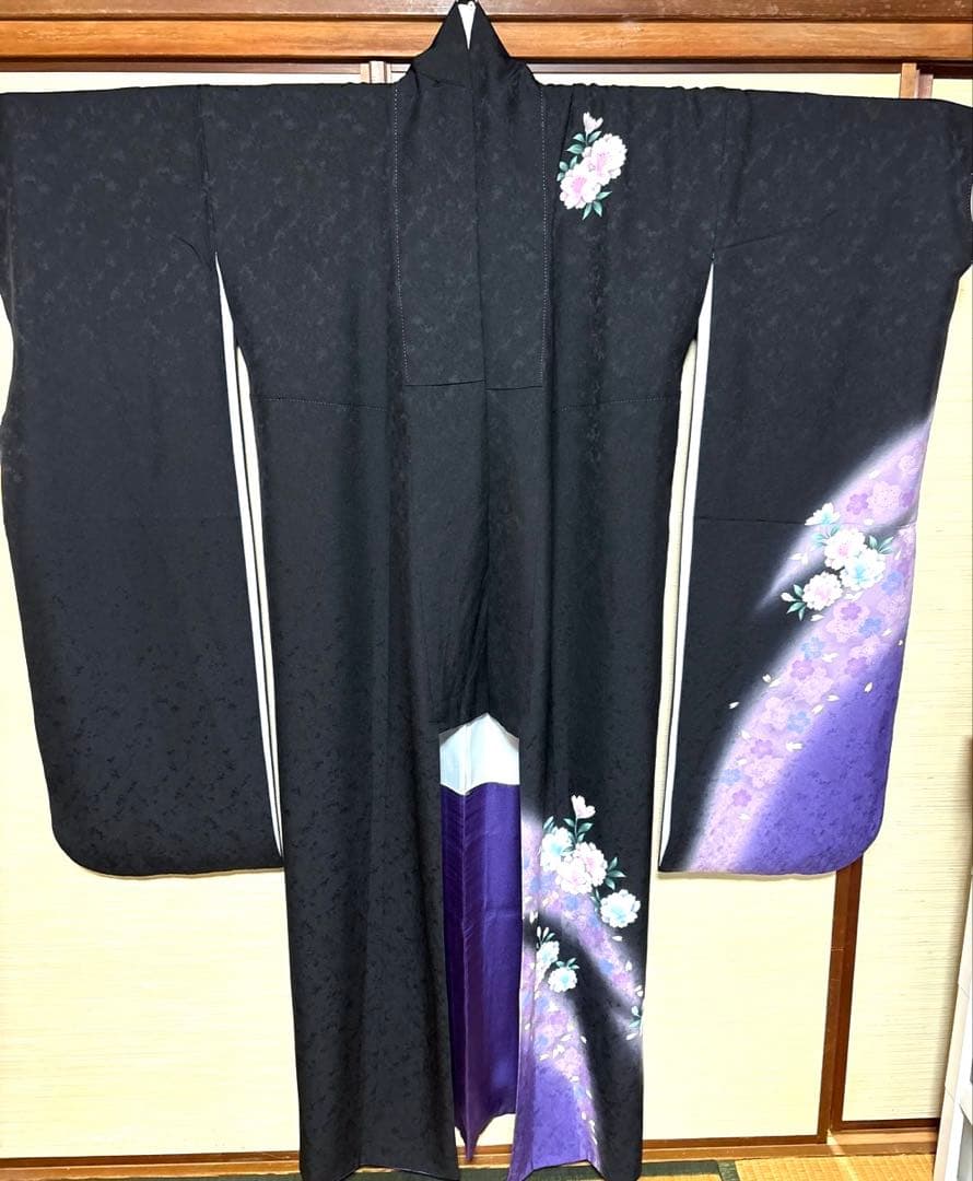黒紫色 八重桜柄 振袖 身丈157