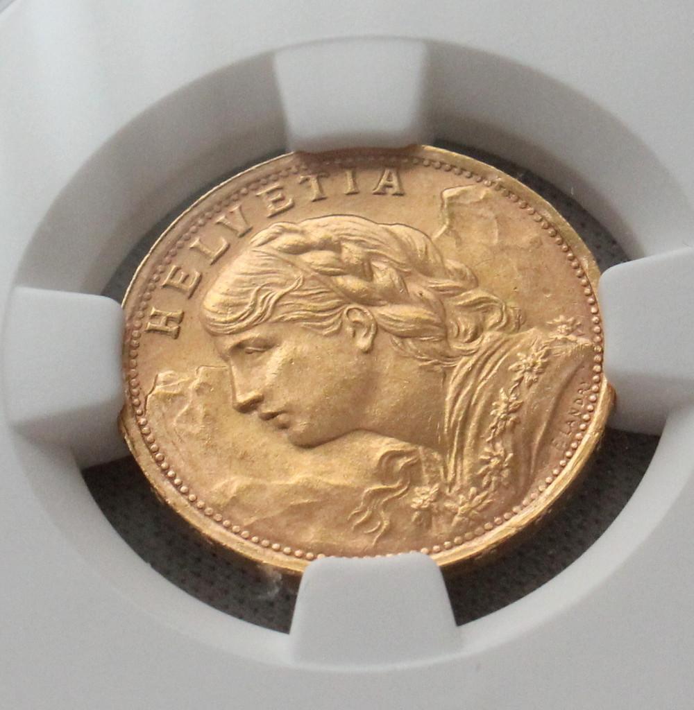 1935年 スイス ブレネリ アルプスの少女 20フラン 金貨 NGC MS65