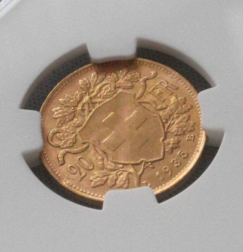 1935年 スイス ブレネリ アルプスの少女 20フラン 金貨 NGC MS65