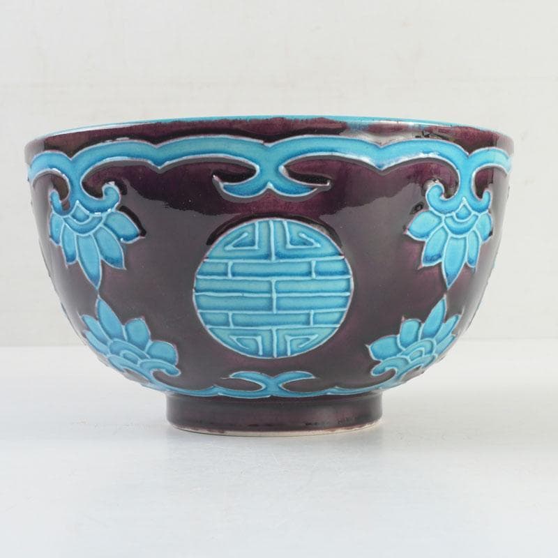 御庭焼　南紀偕楽園製　交趾　花草文　菓子鉢　共箱　V　9513