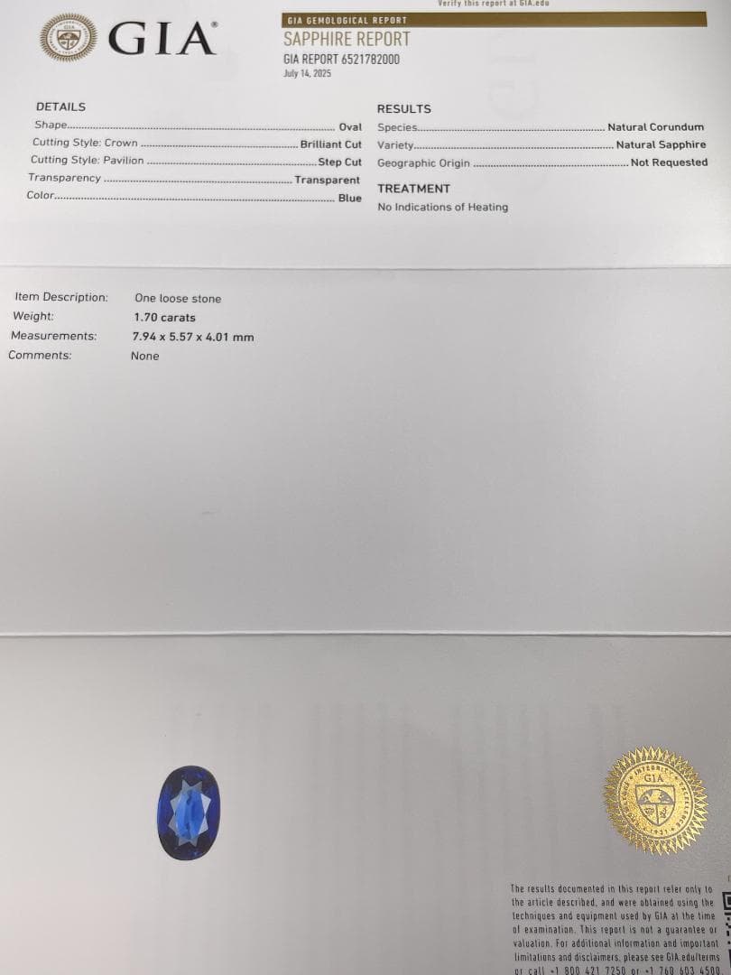1.70CT 非加熱ブルーサファイア GIA鑑別書付
