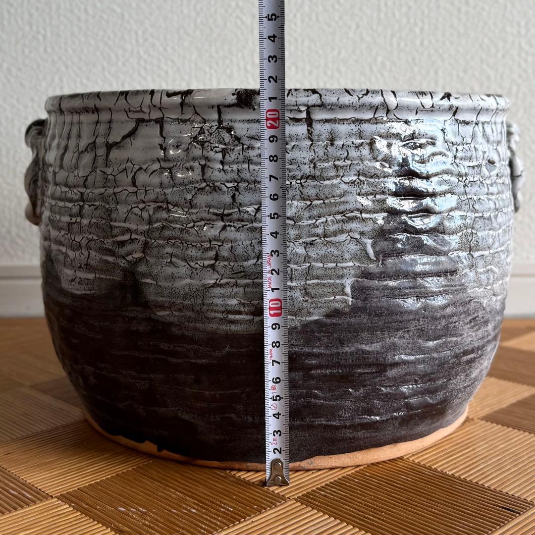 SNT1314 備前焼 裂紋 耳付火鉢 作家物 茶室の整理品 古道具 睡蓮鉢