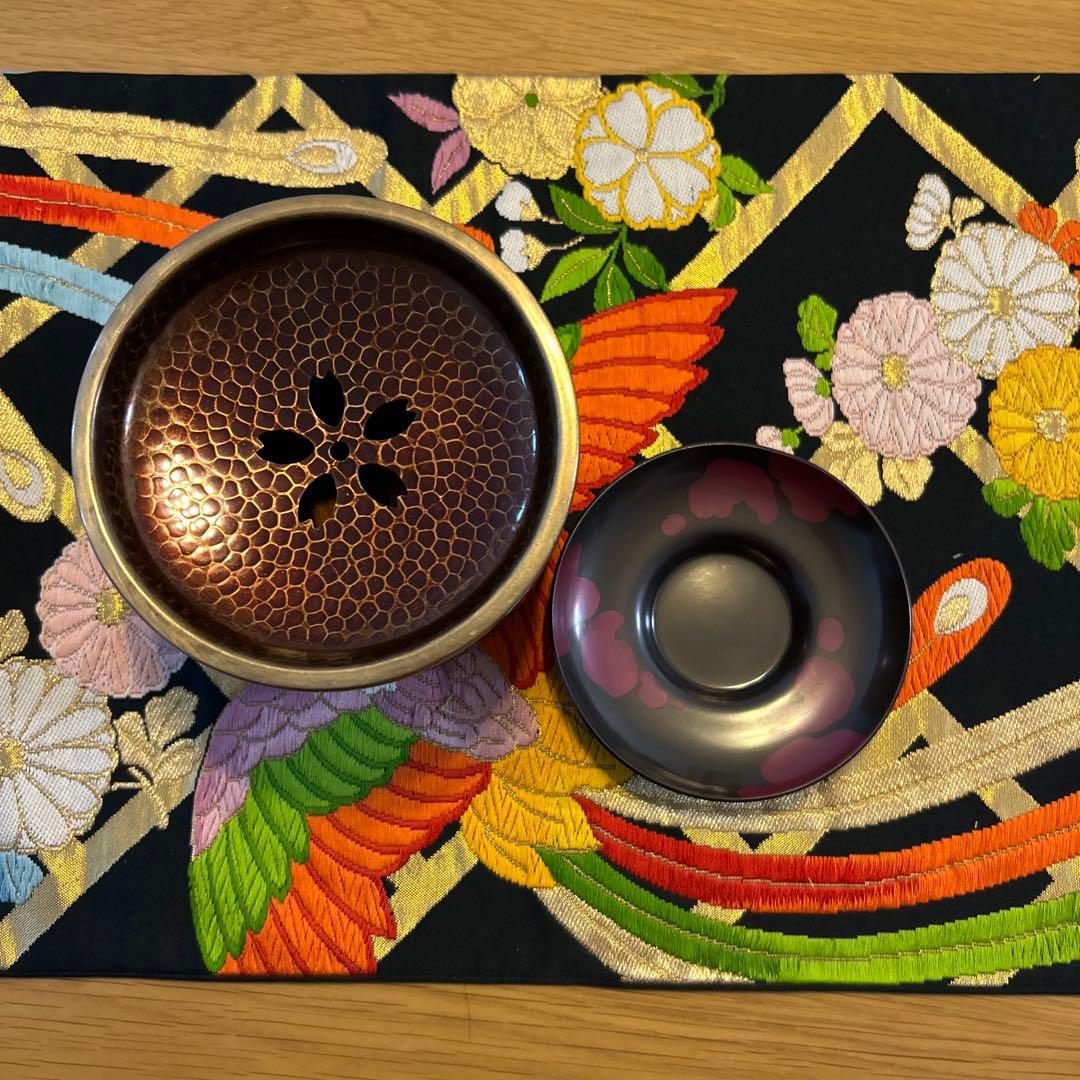 茶こぼし 銅製 花模様　茶托1枚付き
