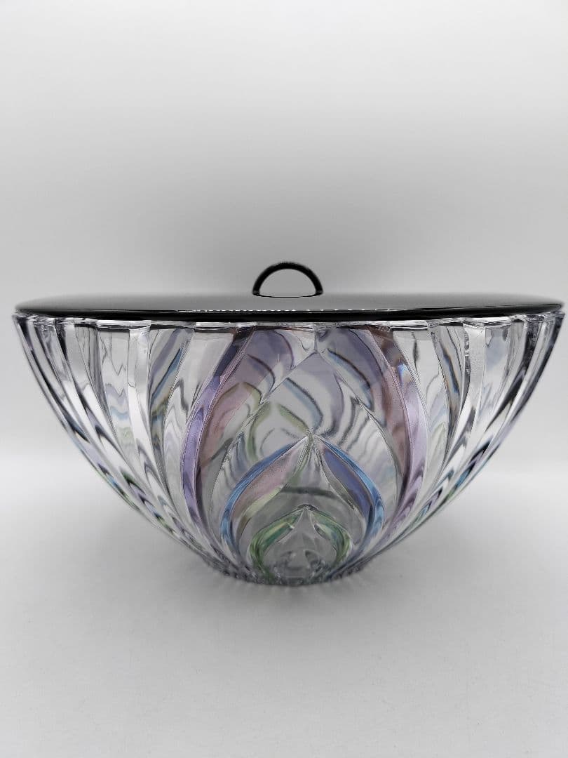 c681 平水指 ガラス 彩風紋 一文字塗蓋付 茶道具 古物