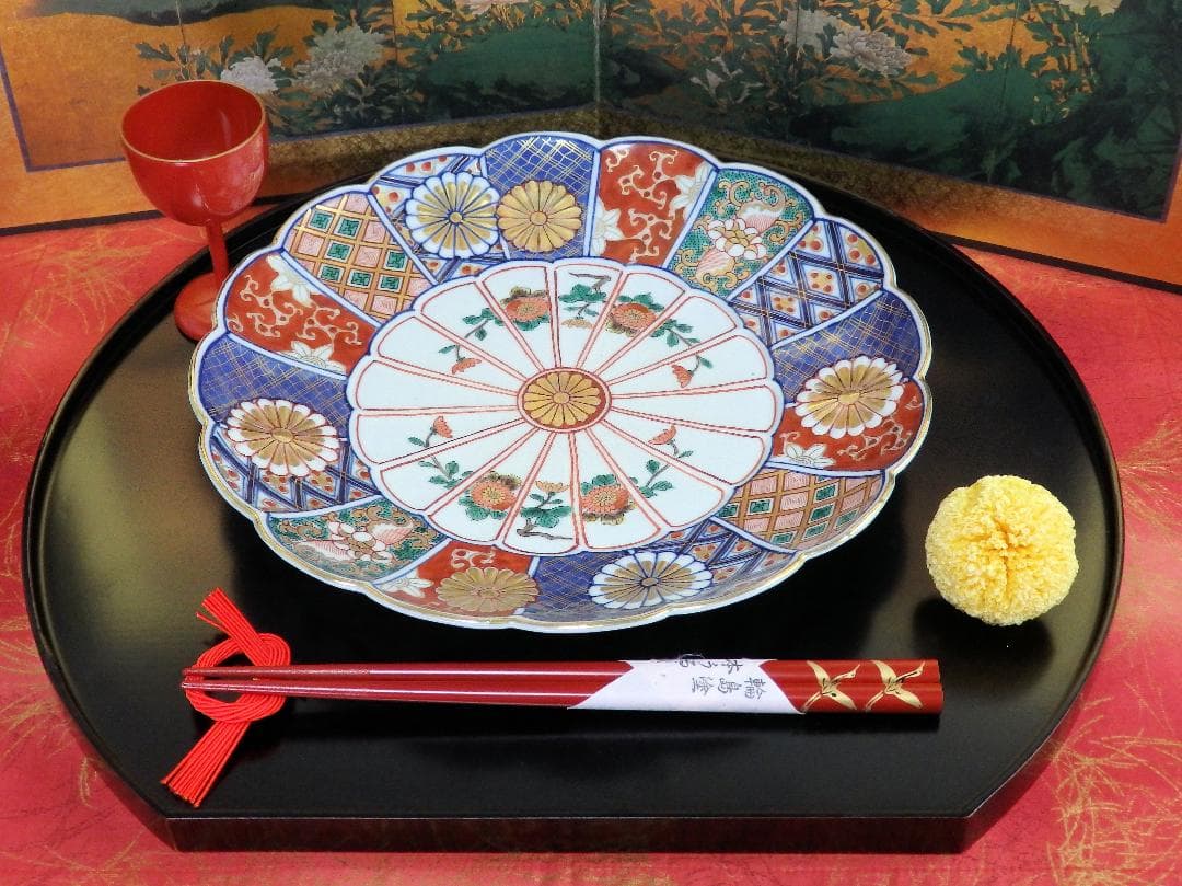 大聖寺伊万里　金襴手　菊花紋の図　８寸菊皿　E367AS-CUz