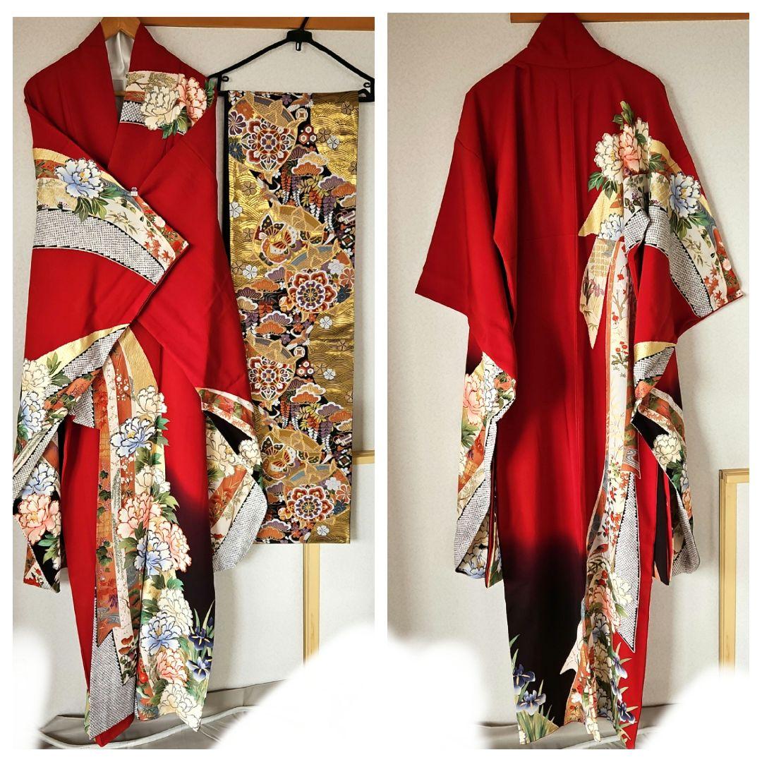 京都きもの友禅　振り袖　帯　長襦袢　3点　金彩　絞り　牡丹　蝶