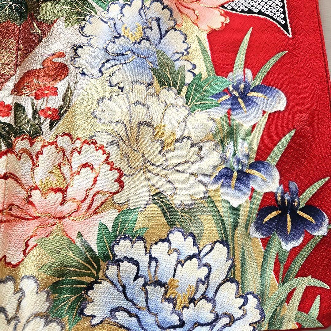 京都きもの友禅　振り袖　帯　長襦袢　3点　金彩　絞り　牡丹　蝶