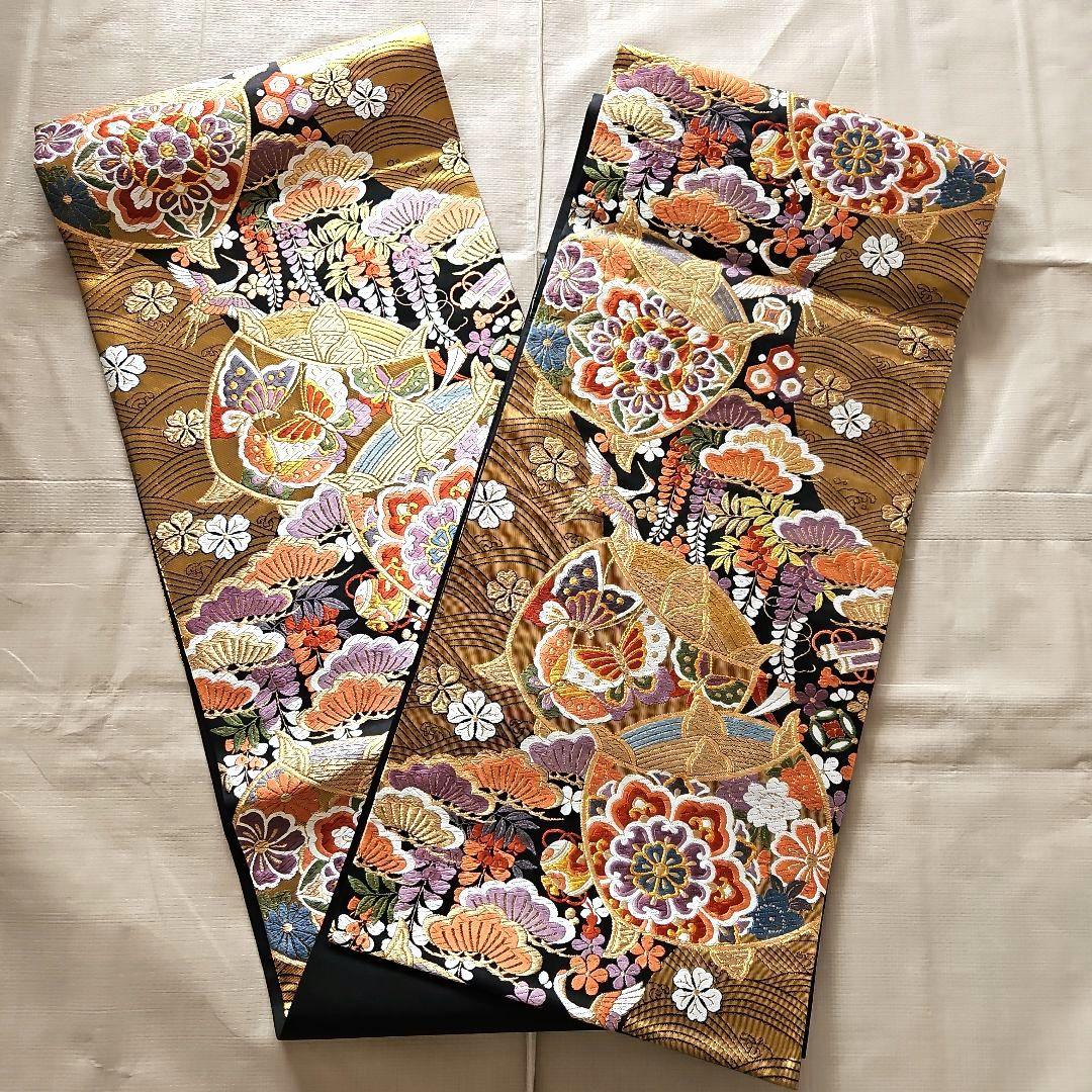 京都きもの友禅　振り袖　帯　長襦袢　3点　金彩　絞り　牡丹　蝶