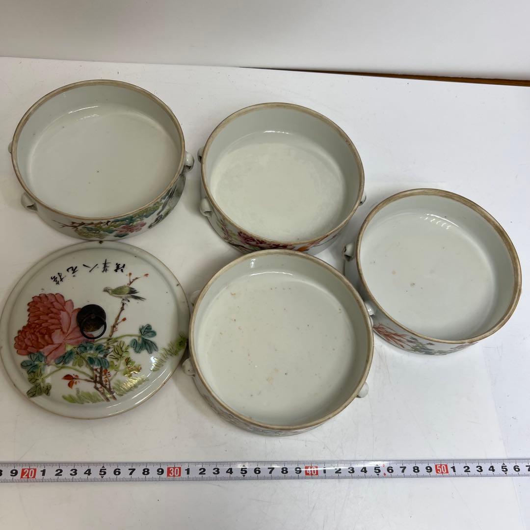 中国清時代　粉彩　四段重　高さ約18㎝　木箱付　トコオ　東さ8-0126☆2F