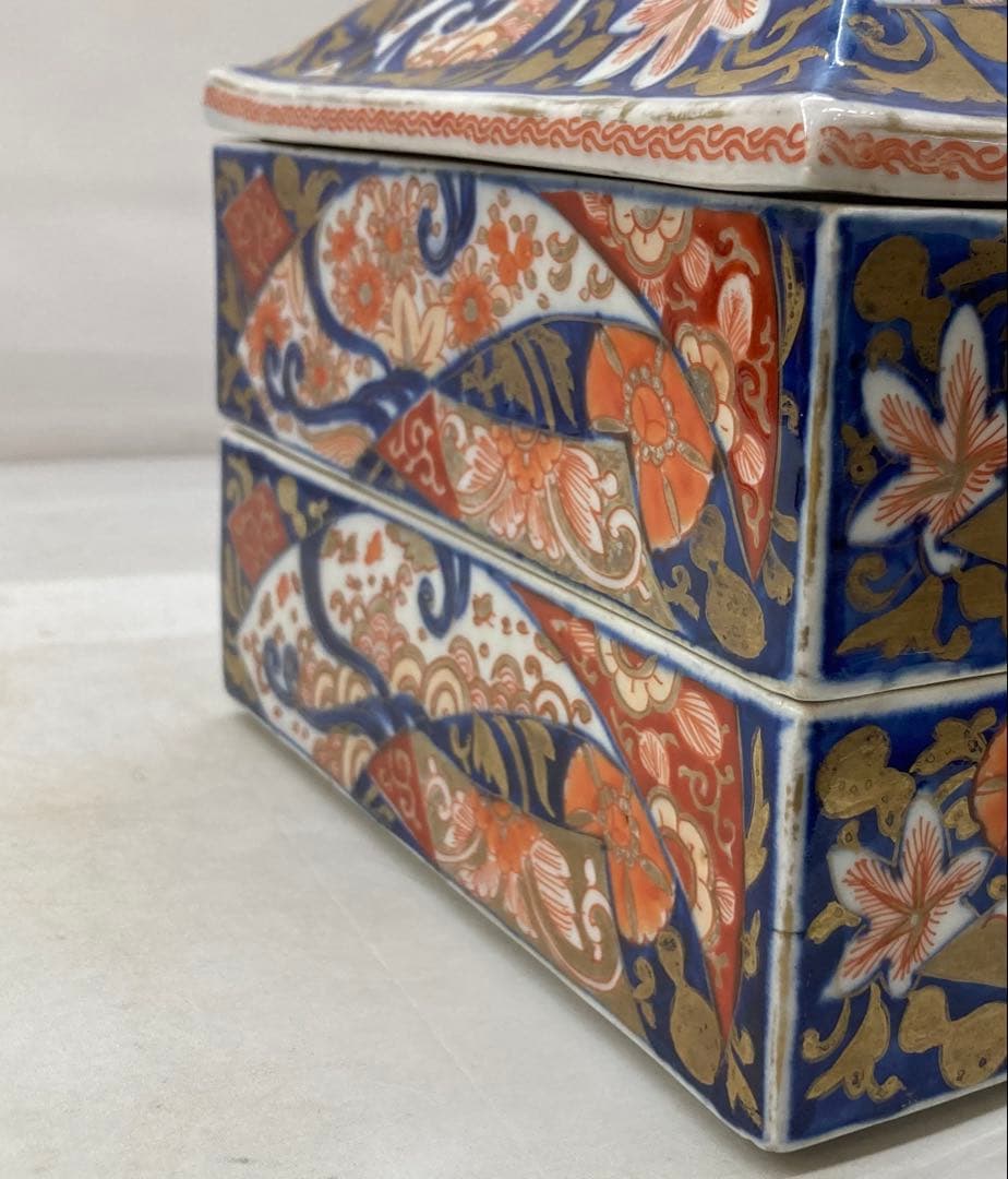 B330s 伊万里焼錦扇面図 二段重箱　食器　江戸・明治時代　有田焼