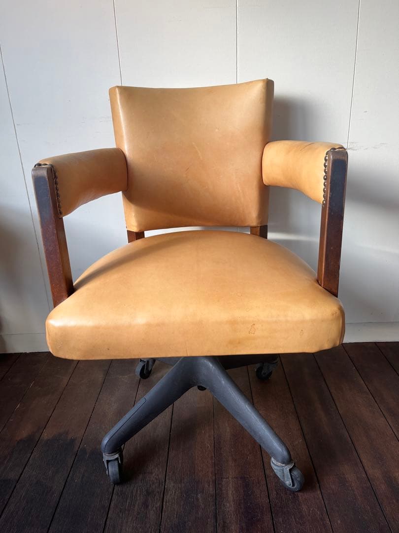 キャメルレザー 回転椅子事務オフィスチェアキャスター本革アンティークヴィンテージ