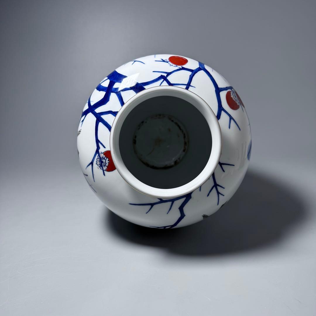 オールド深川製磁　錦手　柿鳥図花瓶　高さ24cm　オブジェ　インテリア