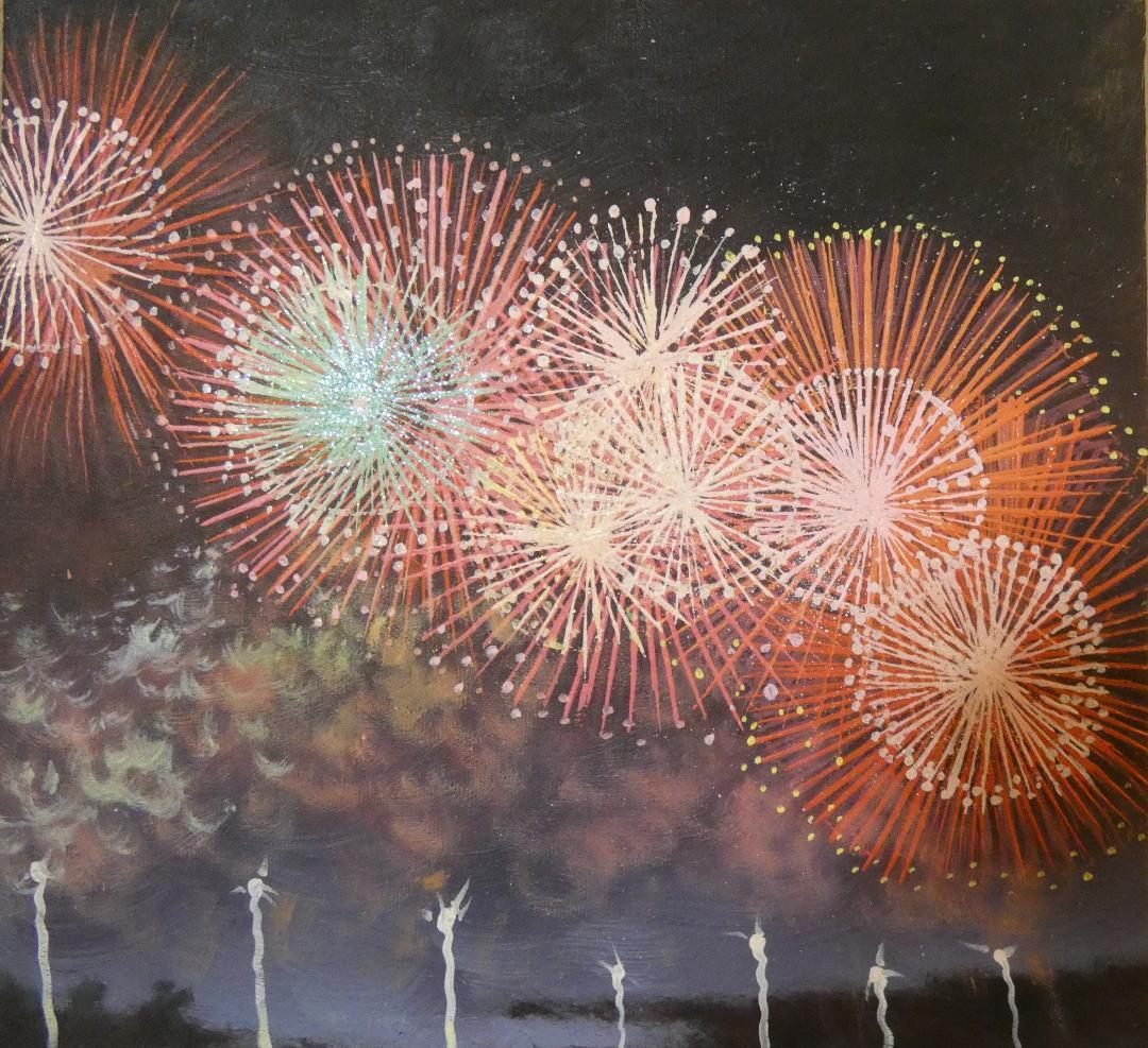 パ*ん様 油絵　額付き　山下清　 F6 【　花火　】手描き