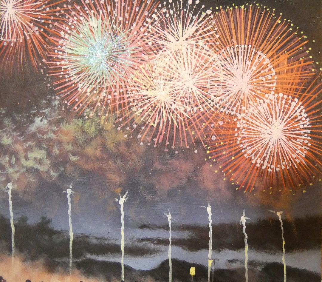 パ*ん様 油絵　額付き　山下清　 F6 【　花火　】手描き