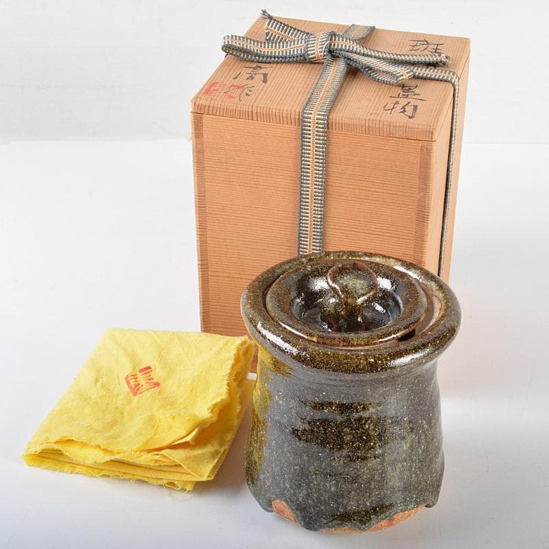 茶道具　瀬戸焼　加藤重高作　斑釉　蓋物　共布共箱　M　R7535