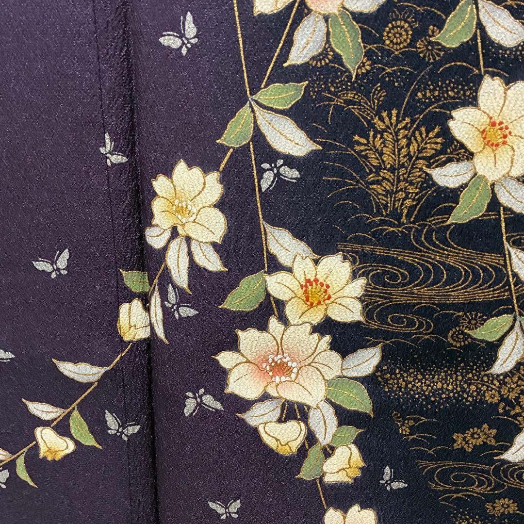 D88 訪問着 花模様 蝶々 流水 金彩 正絹 着物 袷 極美品