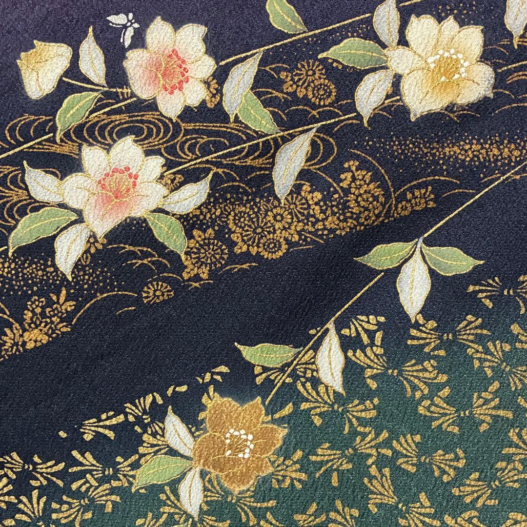 D88 訪問着 花模様 蝶々 流水 金彩 正絹 着物 袷 極美品