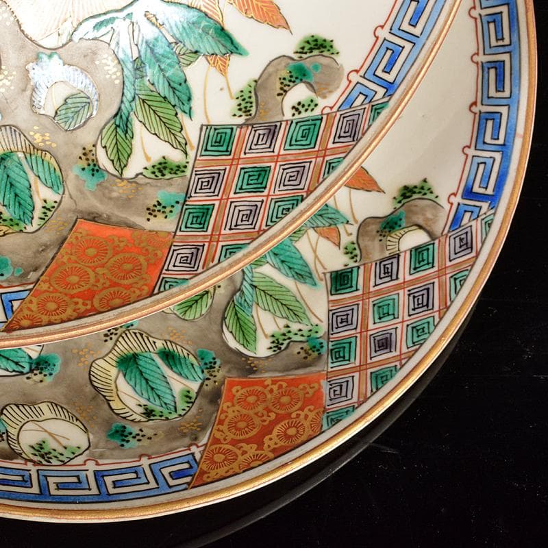九谷焼　九谷庄三作　色絵　花鳥文　飾皿　一對　M　R5305