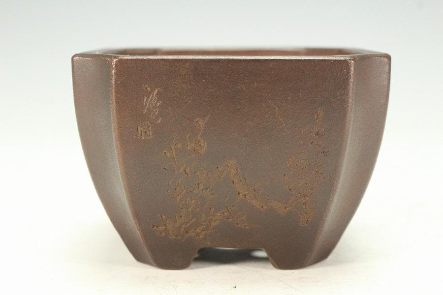 中国美術 朱泥 刻梅 文字 花盆 骨董品(K-LC976)