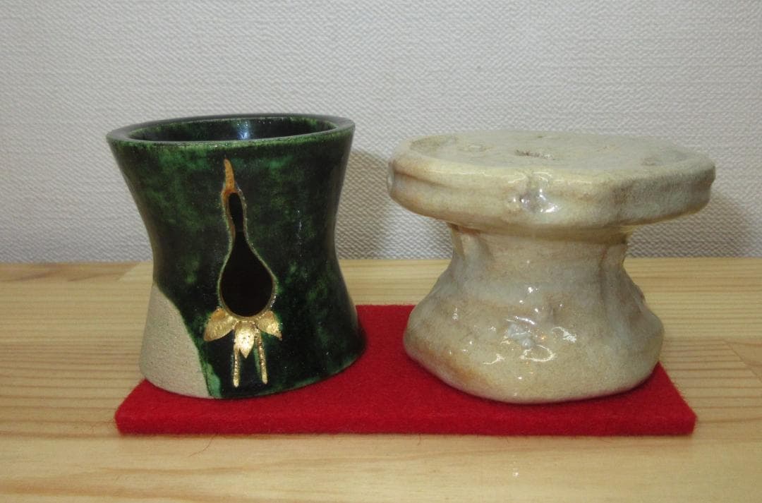 送料込【逢絢亭】茶道具 蓋置 楽焼 鶴亀蓋置 表千家流書付 楽惺入 共箱入り