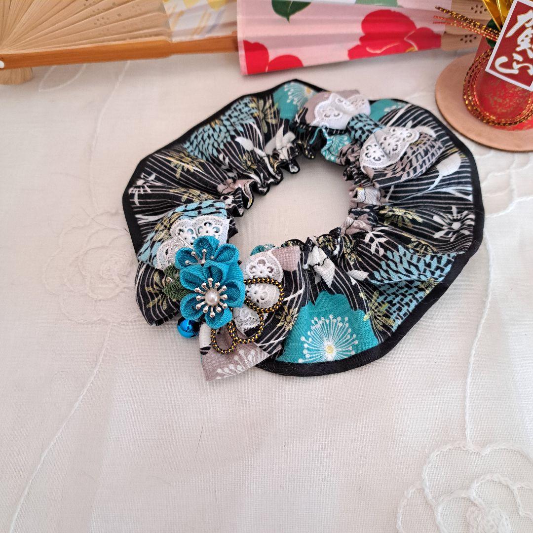 幅広シュシュ、和風妻み細工(黒×エメラルド)わんちゃん猫ちゃん用