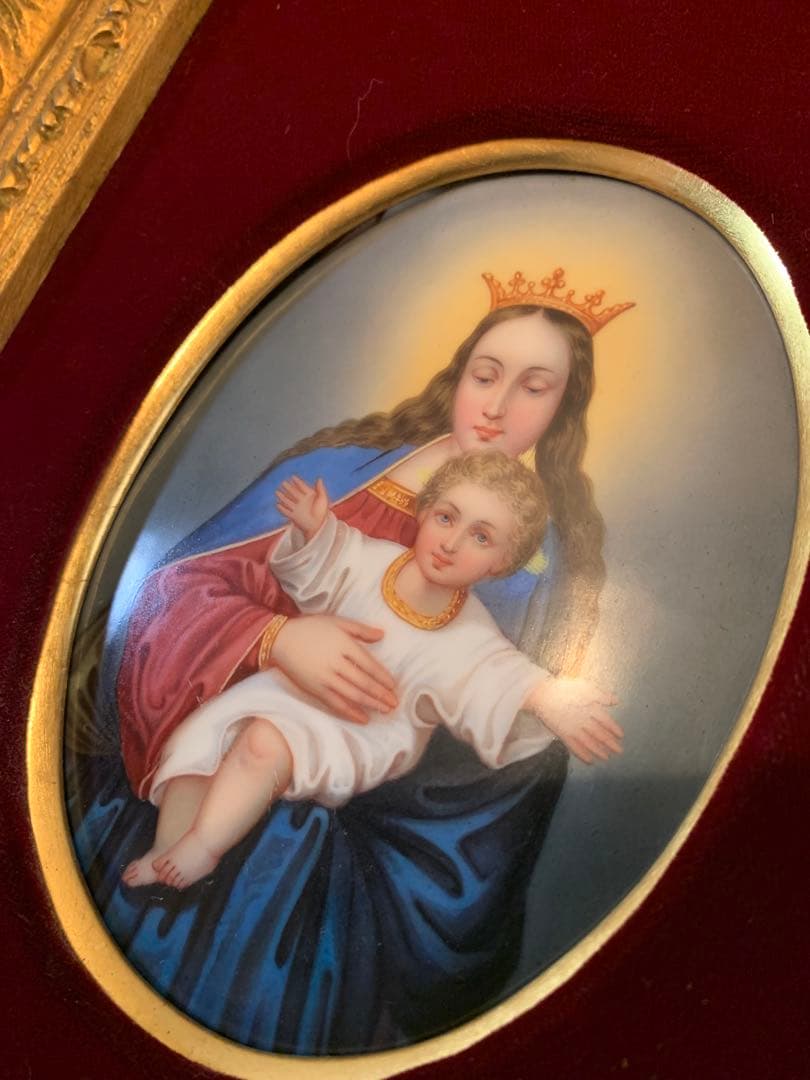 ドイツ製　破格！アンティーク聖母子の陶板額装品！色が綺麗でマリア様が優しい！