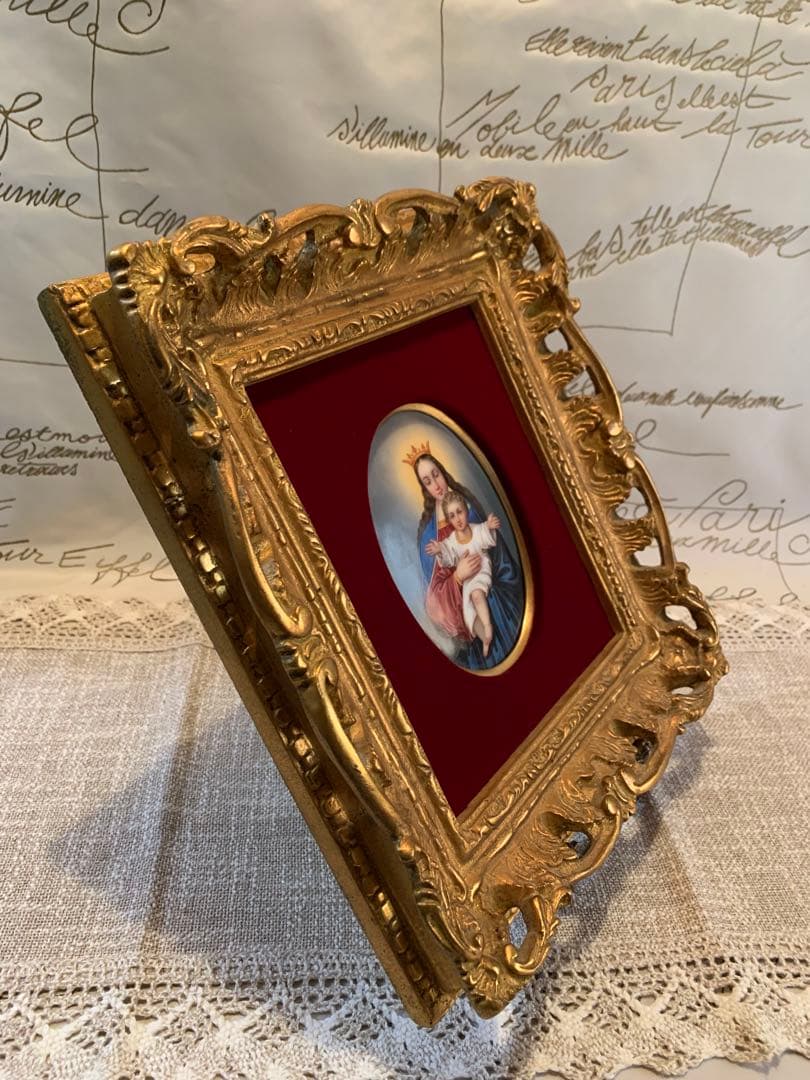 ドイツ製　破格！アンティーク聖母子の陶板額装品！色が綺麗でマリア様が優しい！