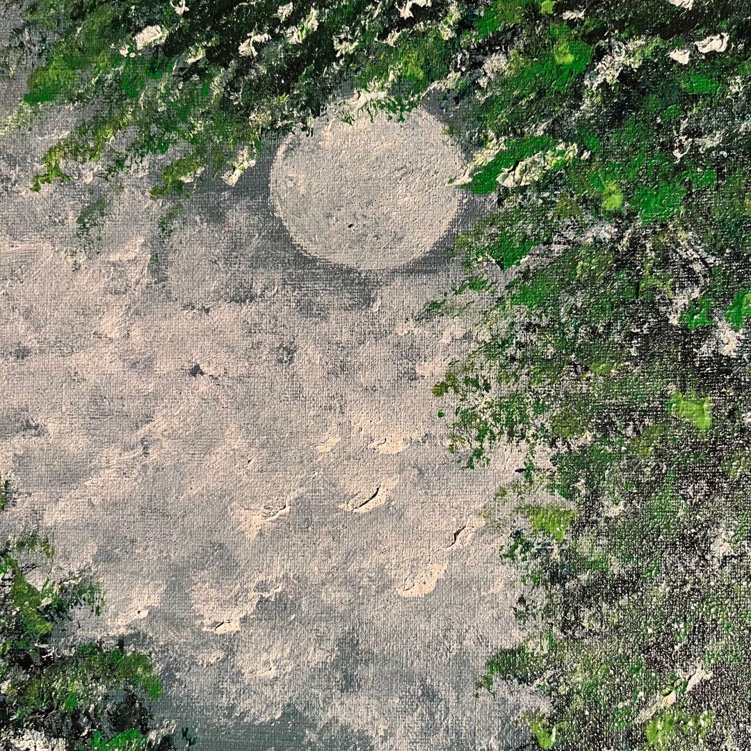 手書き油絵 緑月 額付 肉筆絵画 インテリア 油彩画