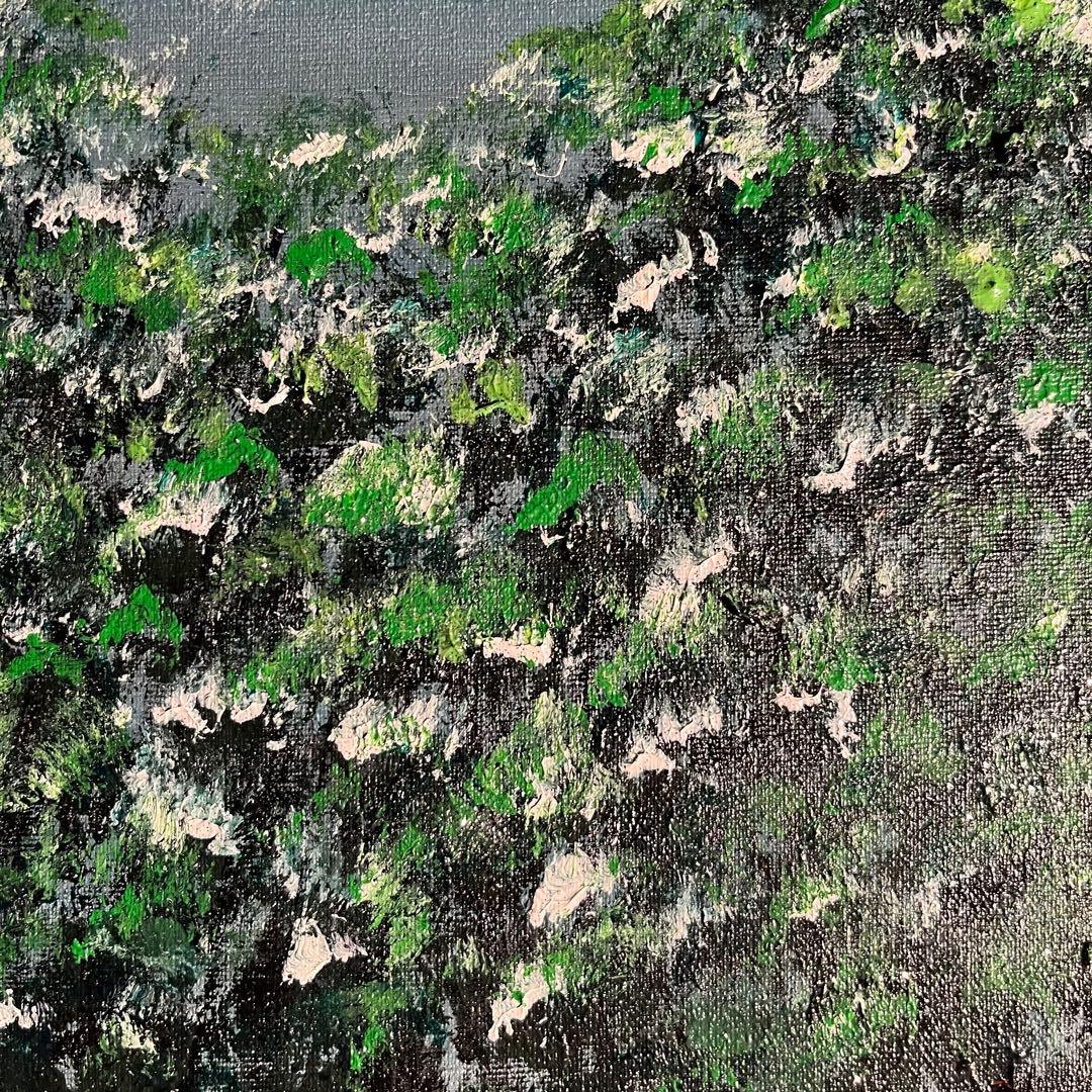 手書き油絵 緑月 額付 肉筆絵画 インテリア 油彩画