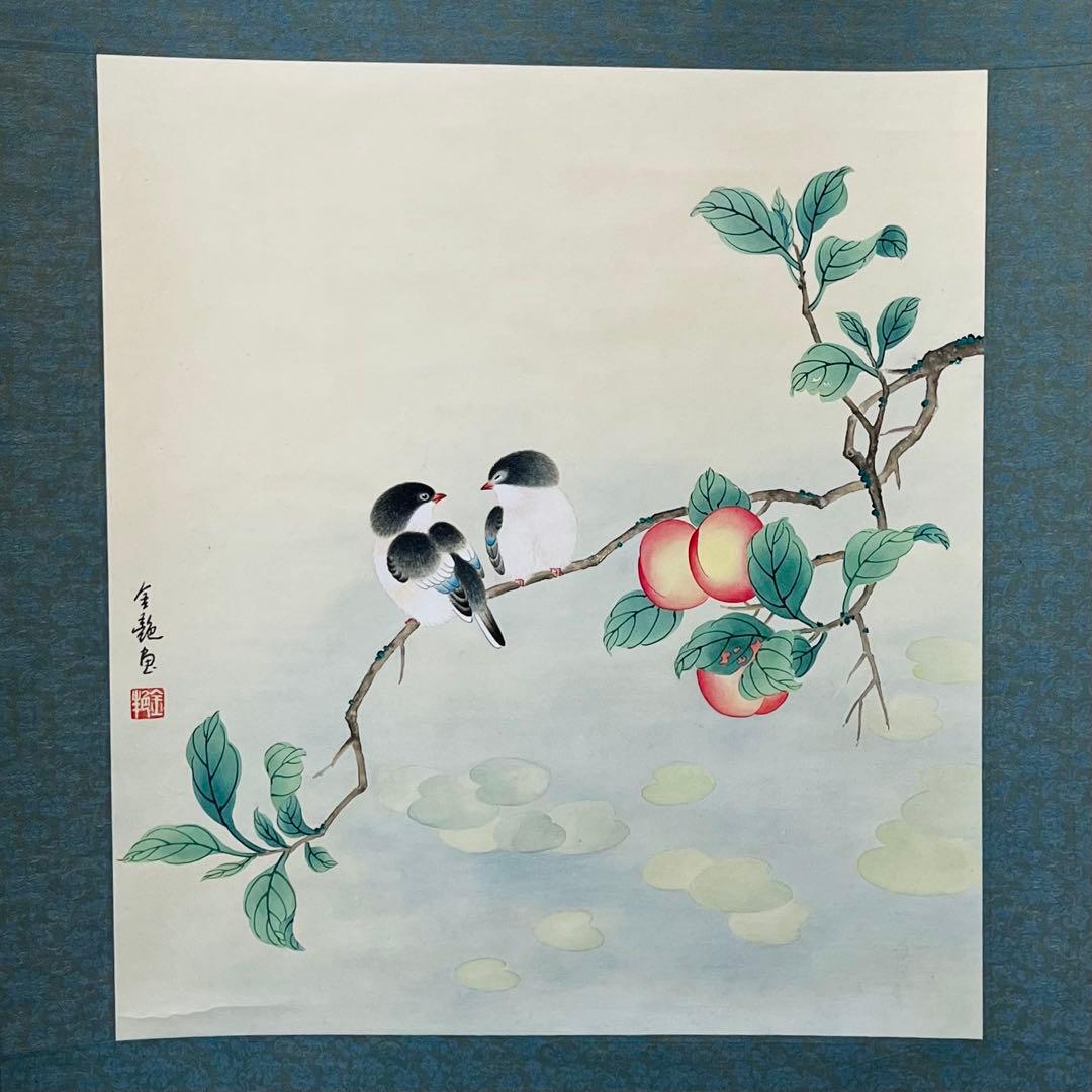【本表装】肉筆掛け軸花鳥画　細筆画「双鳥図」美術品　絵画　和室　茶室　床の間