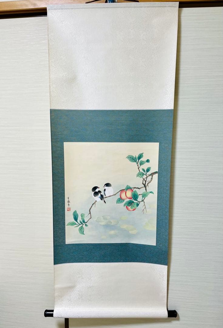 【本表装】肉筆掛け軸花鳥画　細筆画「双鳥図」美術品　絵画　和室　茶室　床の間