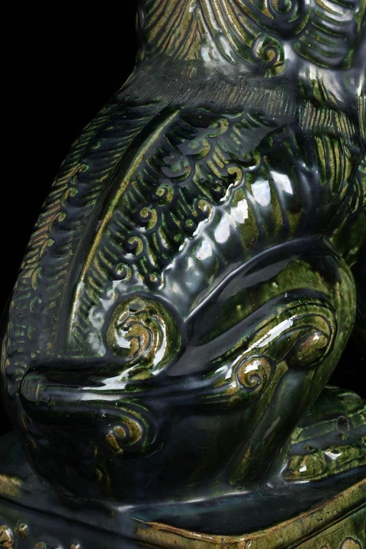 中国古玩 緑釉 獅子像 狛犬 フー犬 フードッグ 古陶磁器 大型62㎝ 古美術