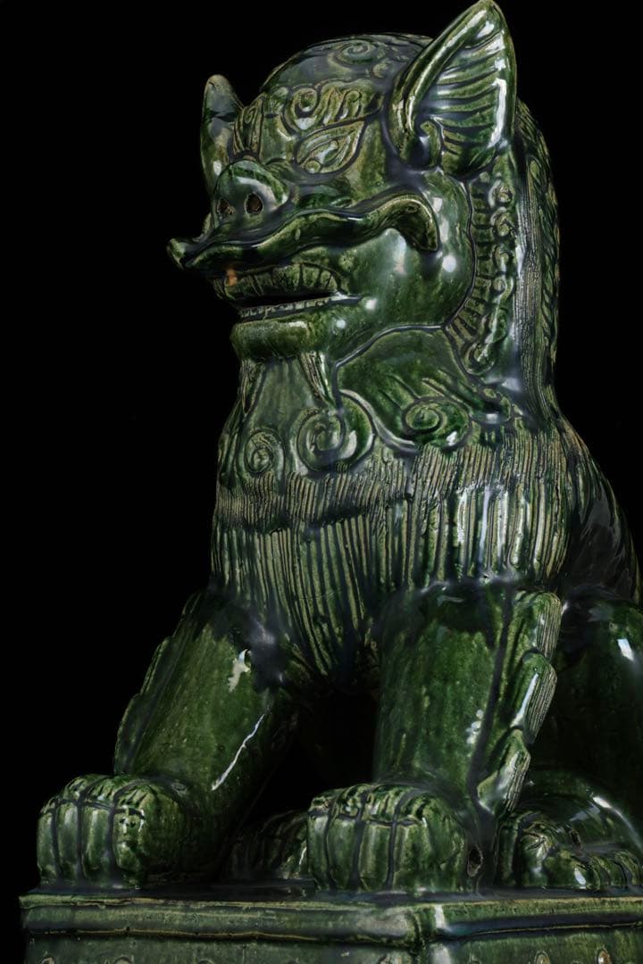 中国古玩 緑釉 獅子像 狛犬 フー犬 フードッグ 古陶磁器 大型62㎝ 古美術