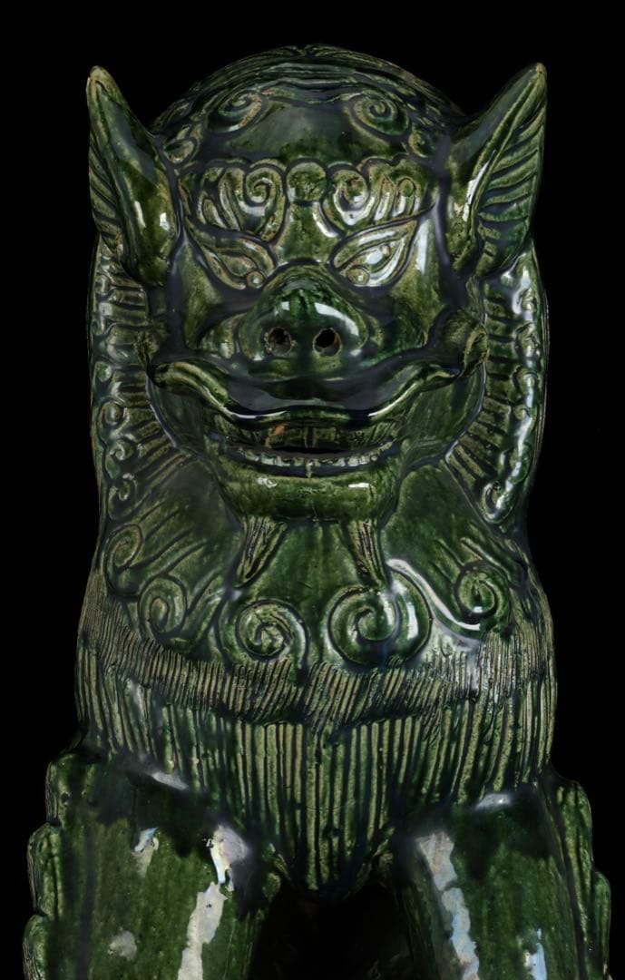 中国古玩 緑釉 獅子像 狛犬 フー犬 フードッグ 古陶磁器 大型62㎝ 古美術