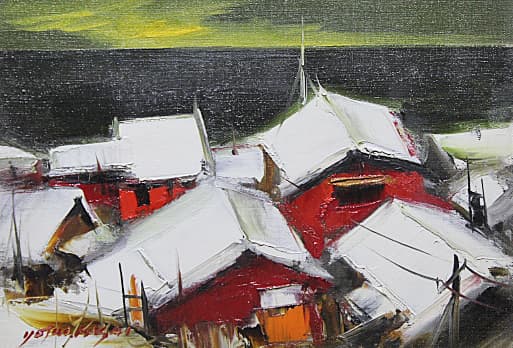 葛西四雄【雪の屋根】 油彩 4号