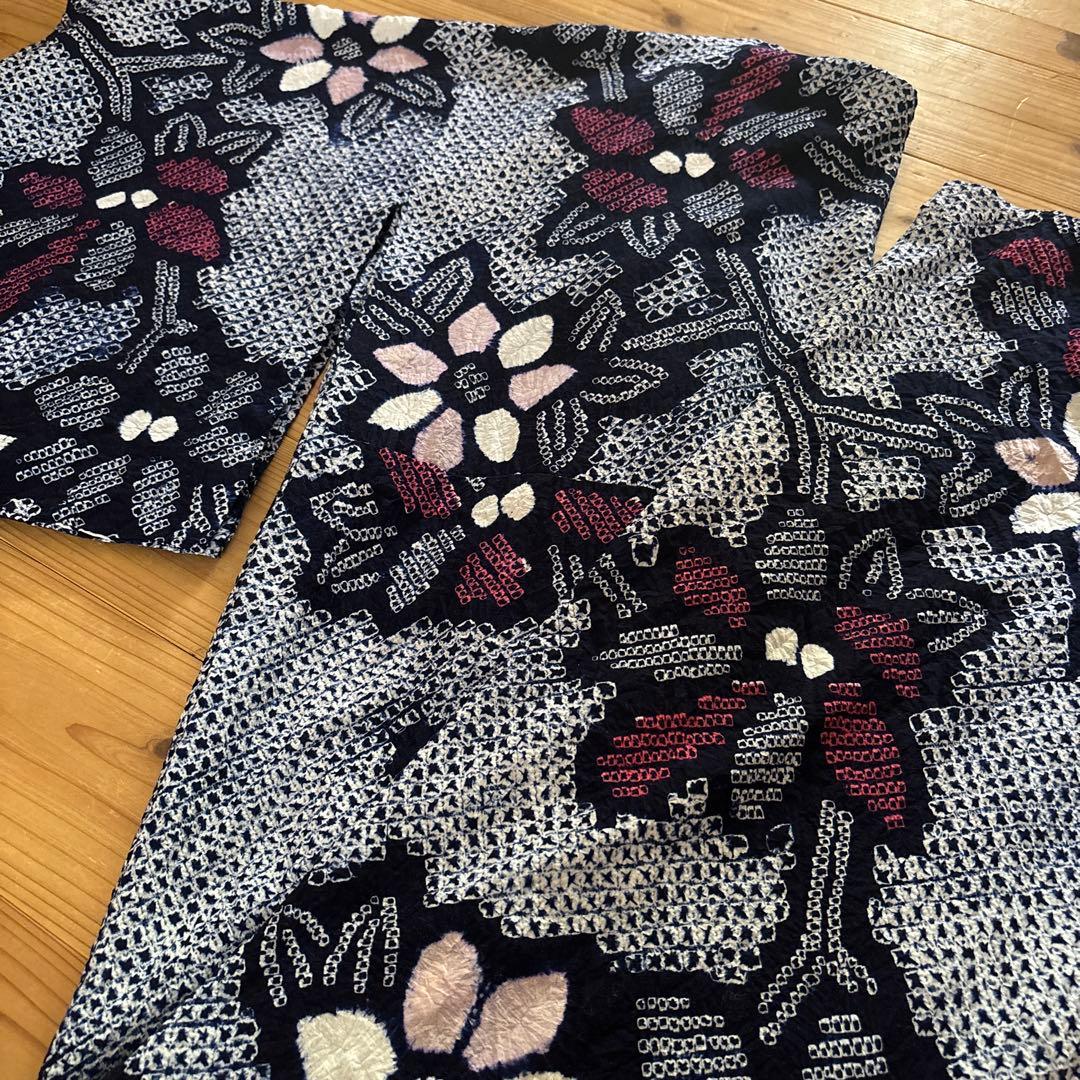 【SALE】有松鳴海絞り浴衣 花繋ぎ 手縫い 身丈153.5 藍染 絞り 浴衣