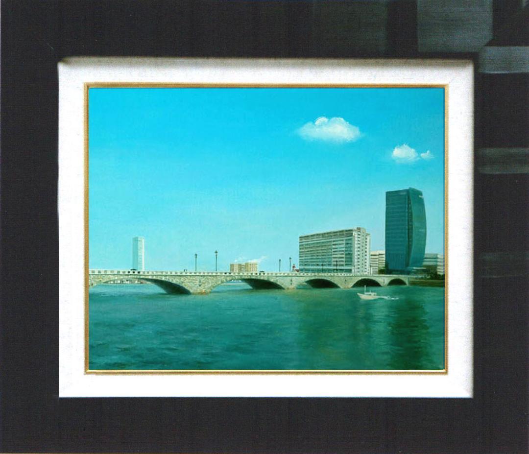 油絵 菅家令子絵画インテリア額付(青緑+金色の枠)F6-080214万代橋 新潟