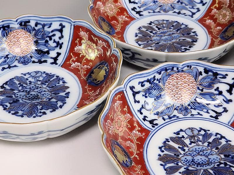 大聖寺伊万里 　染錦　牡丹に巻物の図　膾皿　４客　C135A- ALg