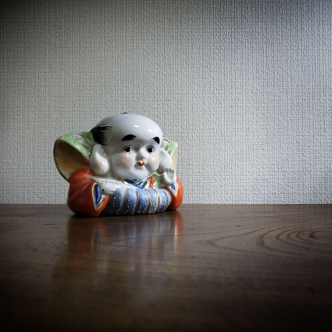福助　置物　アンティーク 古い 福助人形 手招き 縁起物 商売繁盛 色絵 時代品