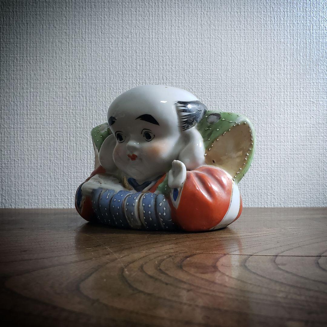 福助　置物　アンティーク 古い 福助人形 手招き 縁起物 商売繁盛 色絵 時代品